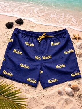 Modelo Beer Men's Swim Board Shorts Size L (36/38) Navy Gold Summer Beach Vaca